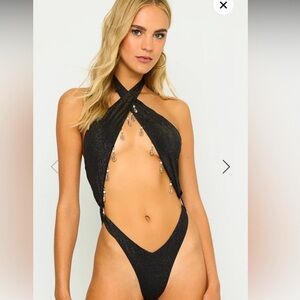 Beach Bunny Black Sparkle Cutout Monokini with Chain Accents